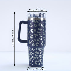 40oz Leopard Print Car Cup Handle Straw Cup Vacuum Tumbler