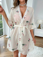 Floral Print Mesh Night Robe Ruffle Sleeve Robe With Belt