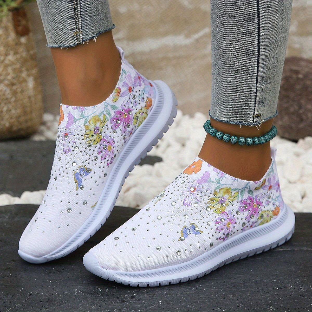 Women's Rhinestone Decor Sock Shoes Butterfly & Floral Print Slip On Shoes