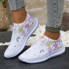 Women's Rhinestone Decor Sock Shoes Butterfly & Floral Print Slip On Shoes