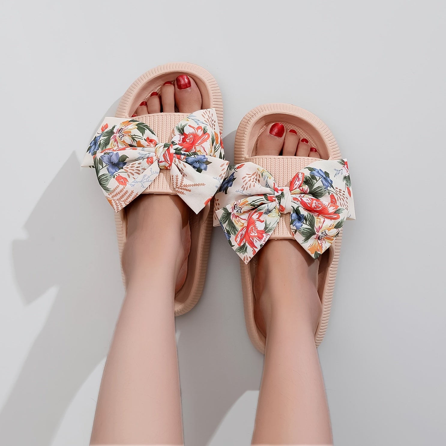 Floral Print Bowknot Slides Soft Sole Lightweight Summer Beach Shoes