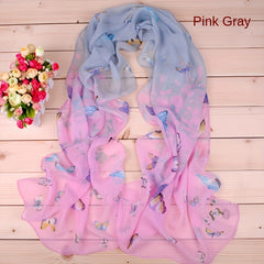 Colorful Butterfly Print Long Chiffon Silk Scarf for Women