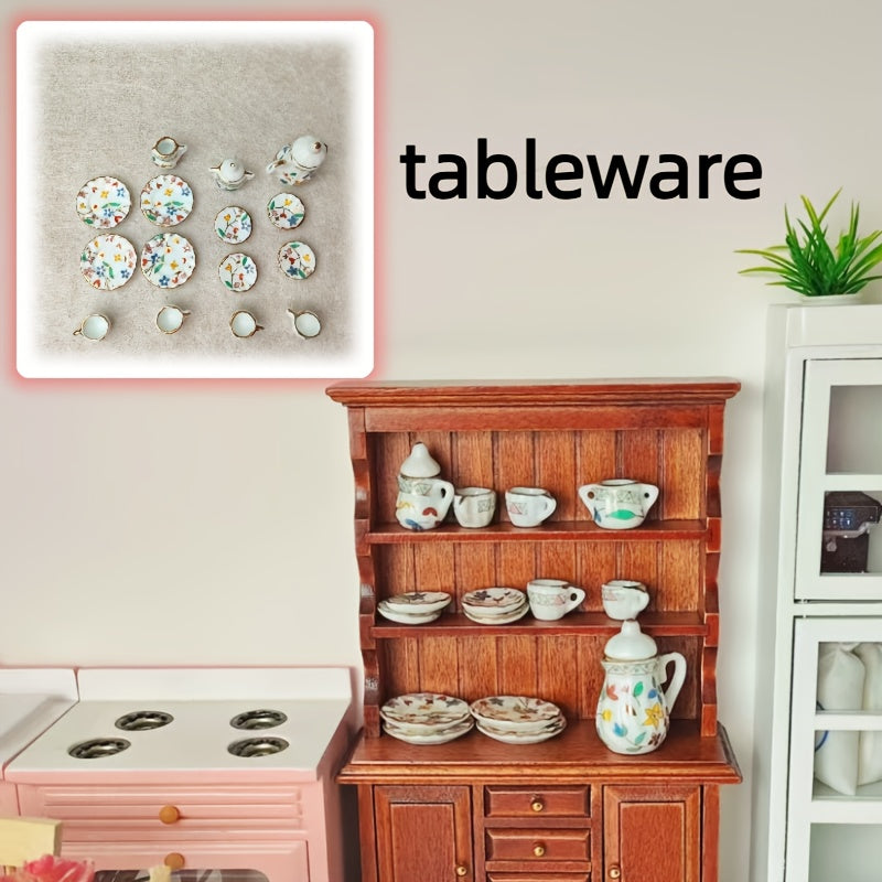 Mini Kitchen Display Cabinet Mini Ceramic Tableware Set 1:12 Kitchen Decor Props