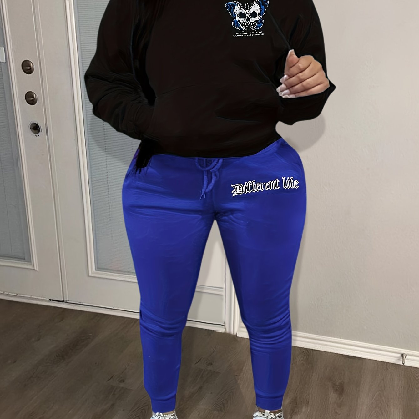 Goth Outfits Skull & Slogan Print Hoodie & Jogger Set
