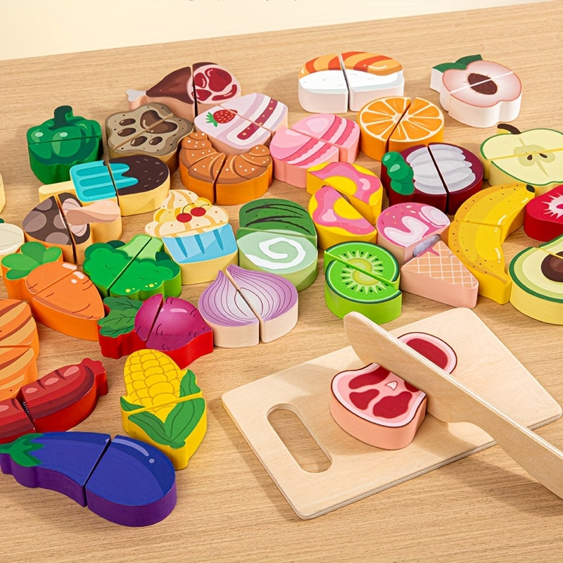 Wooden Play Food Set Kitchen Toys Cutting Fruit Pretend Food Accessories