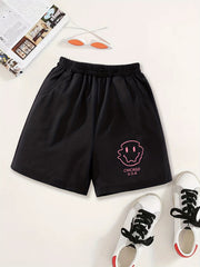 Girls Pink Smile Print Sweat Shorts Elastic Waist