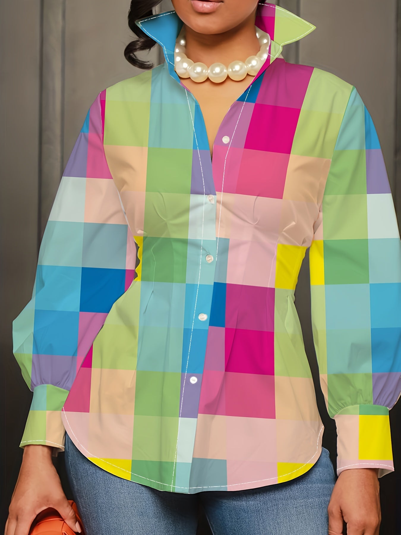 Solid Button Up Lantern Sleeve Blouse