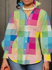 Solid Button Up Lantern Sleeve Blouse