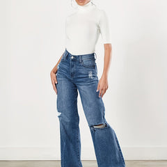 Raw Cut Straight Jeans Loose Fit Ripped Holes Non Stretch Casual Wide Legs Jeans