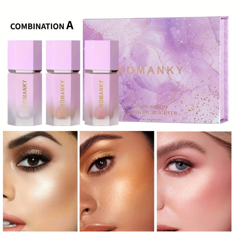 3-Piece Liquid Highlighter Set for Face and Body Glow Makeup