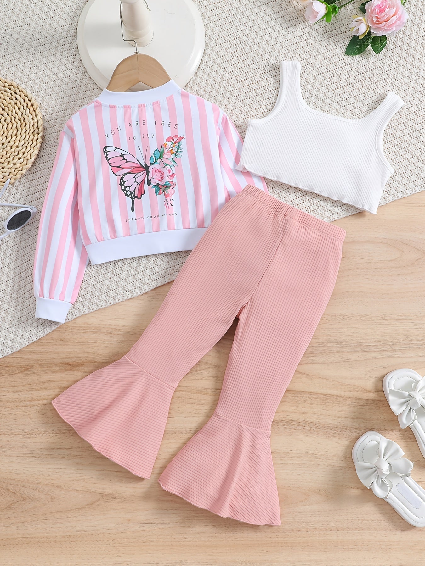 Girls Sleeveless Crop Tank Top Pants Striped Butterfly Jacket Set