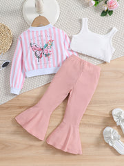 Girls Sleeveless Crop Tank Top Pants Striped Butterfly Jacket Set