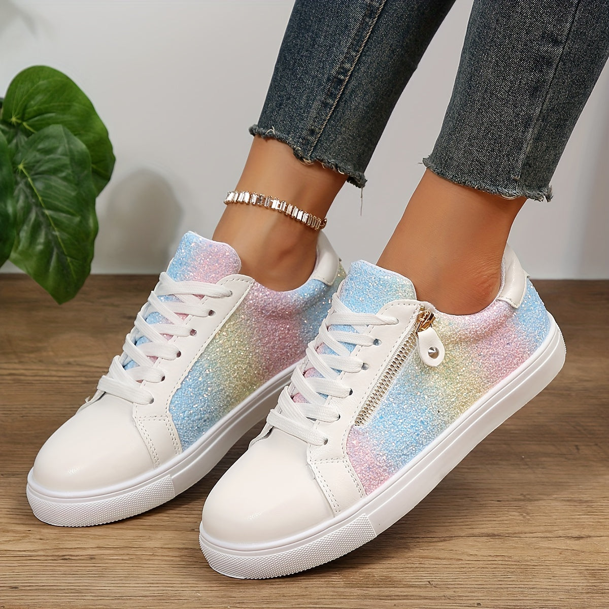 Colorful Faux Leather Skate Shoes Flat Zipper