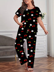 Floral & Cherry Print Plus Size Pajama Set Short Sleeve Tee & Pants Loungewear