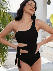One Shoulder Cut Out Tie Waist One Piece Swimsuit