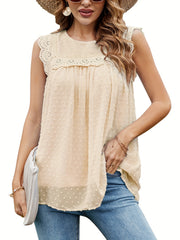 Lace Ruched Tank Top Crew Neck Sleeveless Summer Top