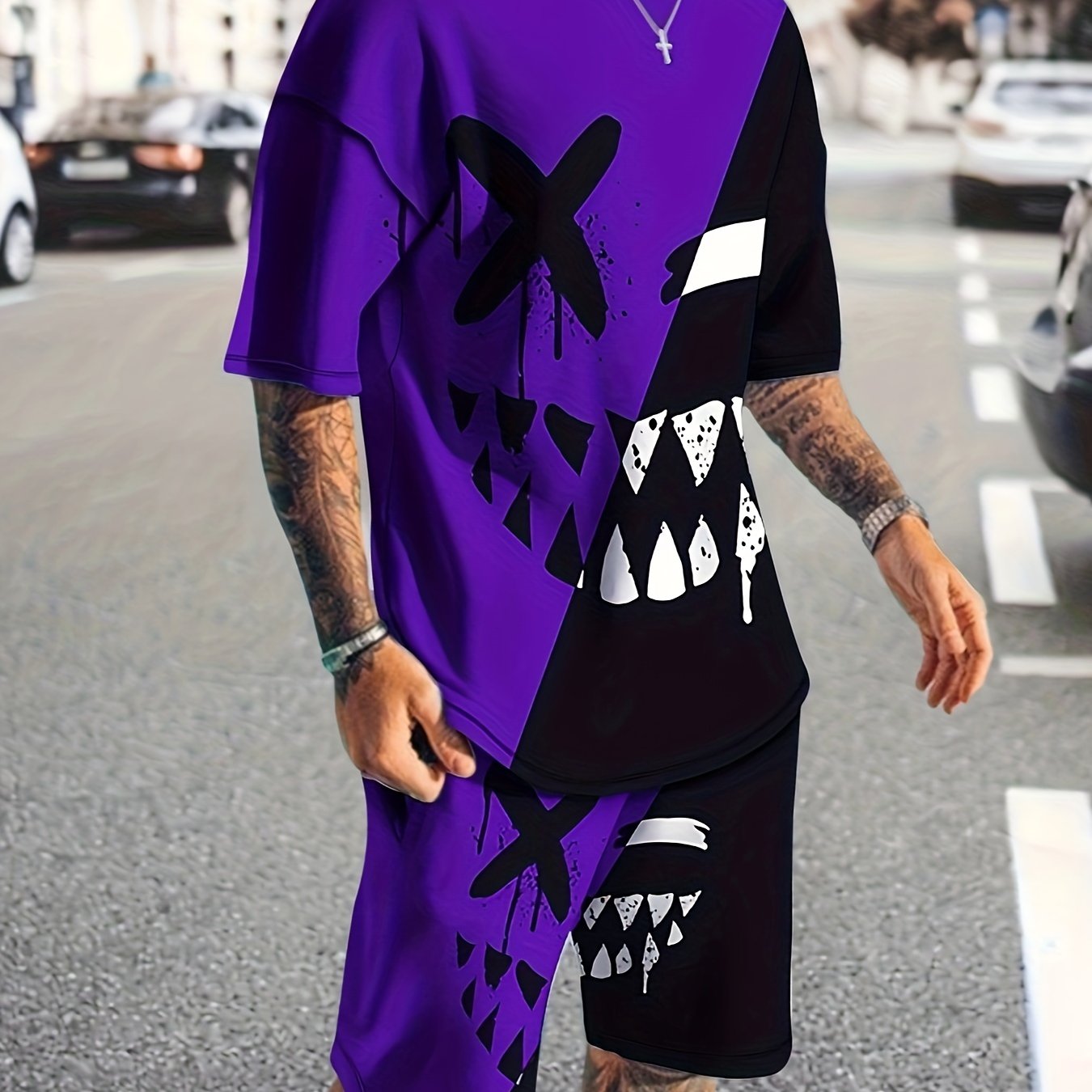 Men's Grimace Print T-shirt & Active Shorts Set for Summer Sports