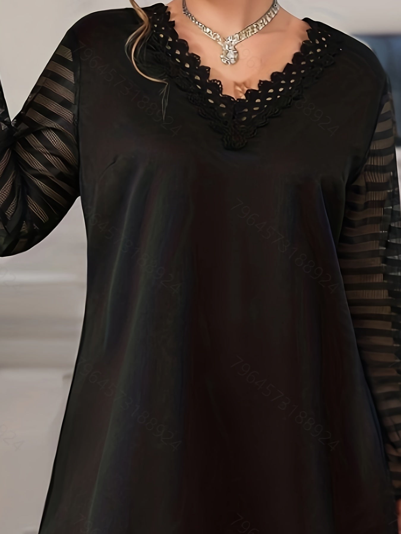 Sexy Stripe Print Lace Long Sleeve V Neck Mini Dress