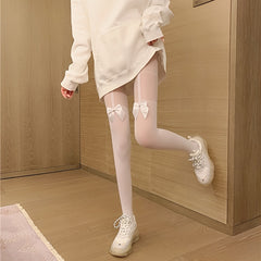 Bowknot Splice Pantyhose High Waist Semi Sheer Footed Slim Fit Stocking