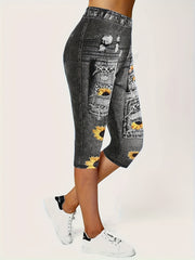 Denim & Sunflower Print Sports Leggings Women's Clothing