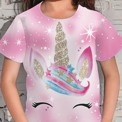 Tie Dye Unicorn Print Short Sleeve T shirt Girls Comfy Tees Pullover