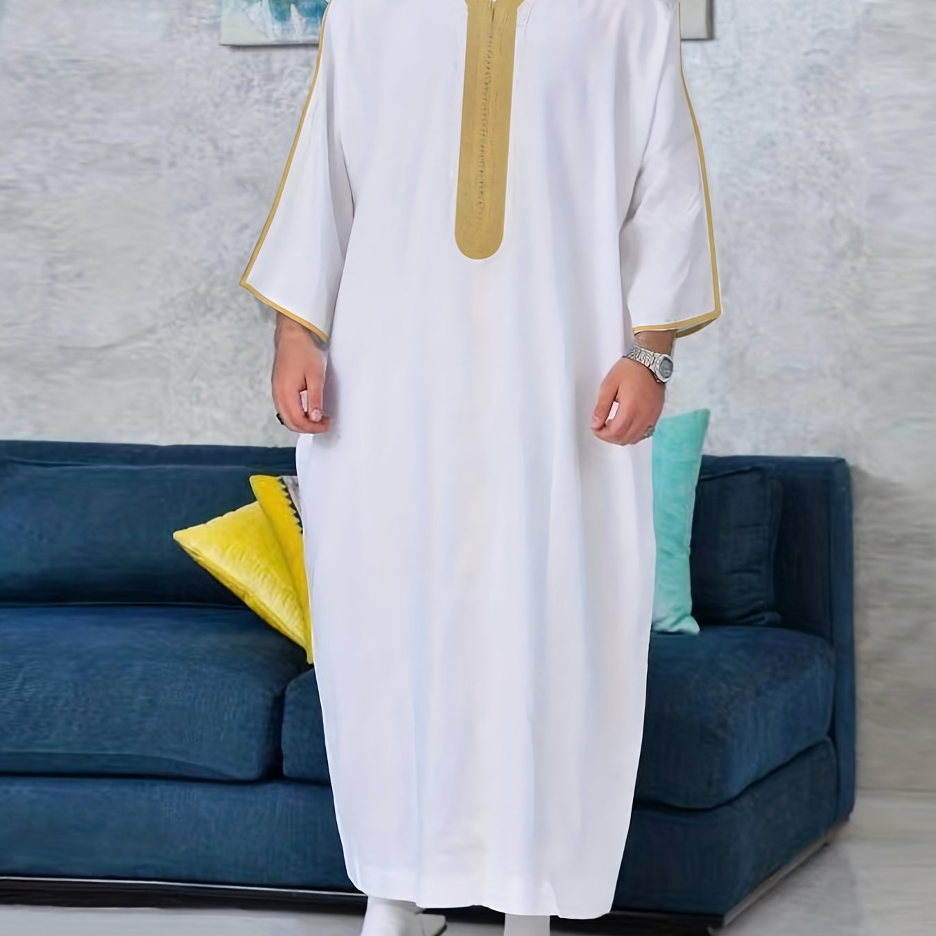 Islamic Arabic Kaftan Men Long Sleeve Solid V Neck Muslim Clothes