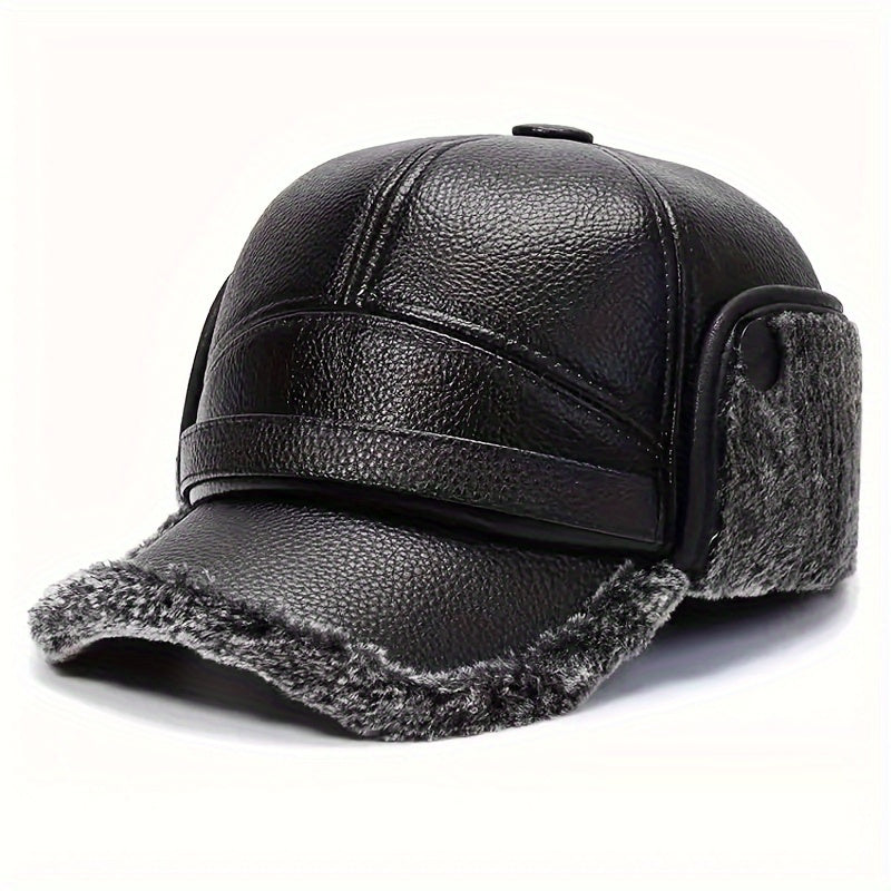 Men's Winter Plush Warm Leather Baseball Cap With Earflaps