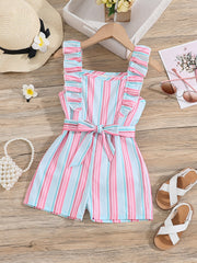 Girls Ruffle Trim Striped Romper with Belt, Summer Jumpsuit