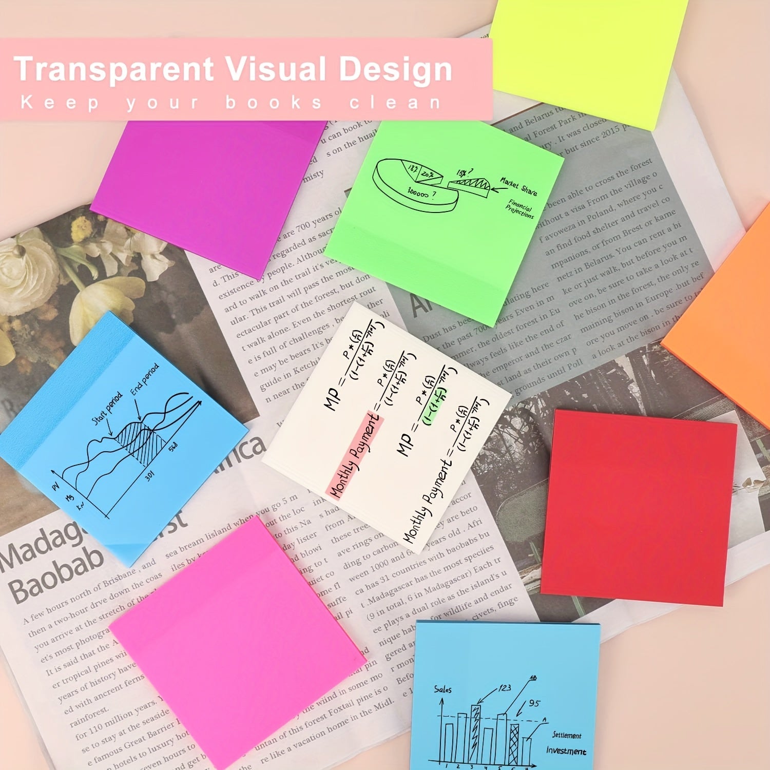 6 Packs Transparent Sticky Note Pads Bright Colors