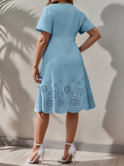 Casual Dress Women's Plus Solid Laser Cut Short Sleeve V Neck Dress