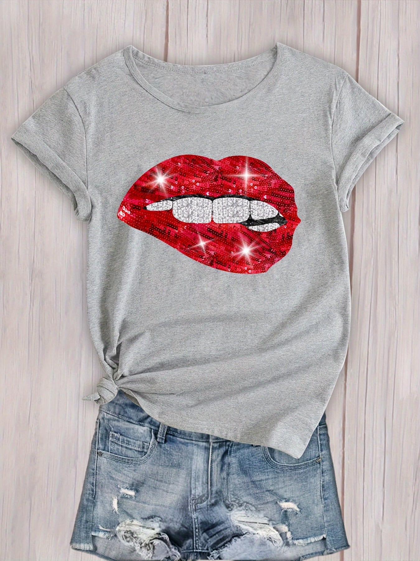 Sexy Lips Print T Shirt Crew Neck Short Sleeve Casual Sport Tops
