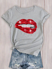 Sexy Lips Print T Shirt Crew Neck Short Sleeve Casual Sport Tops