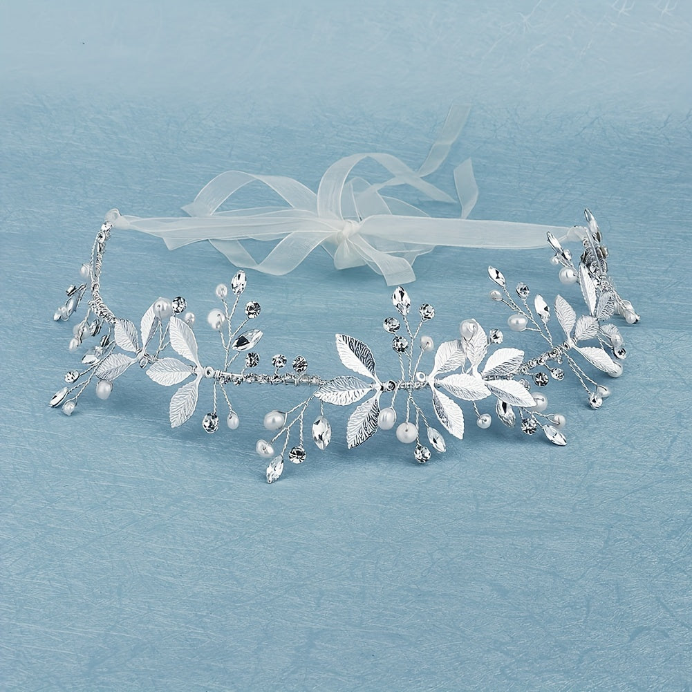 Leaf Charm Hair Band Rhinestone & Faux Pearl Decor Headband Bridal