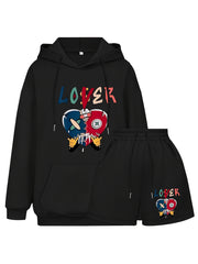 Women's Plus Letter Print Hoodie & Shorts 2 Piece Set