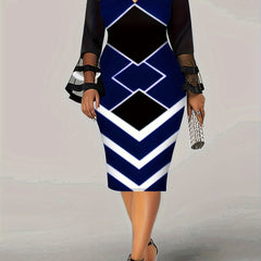 Geometric Print Mesh Bell Sleeve V Neck Bodycon Dress