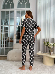 Elephant Print Pajama Set Short Sleeve Top & Pants Women's Sleepwear