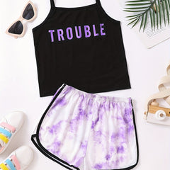 2pc Toddler Girls TROUBLE Cami Top & Tie Dye Shorts Set