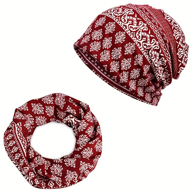 Red Floral Print Beanie Lightweight Vintage Skull Hat Chemo Cap