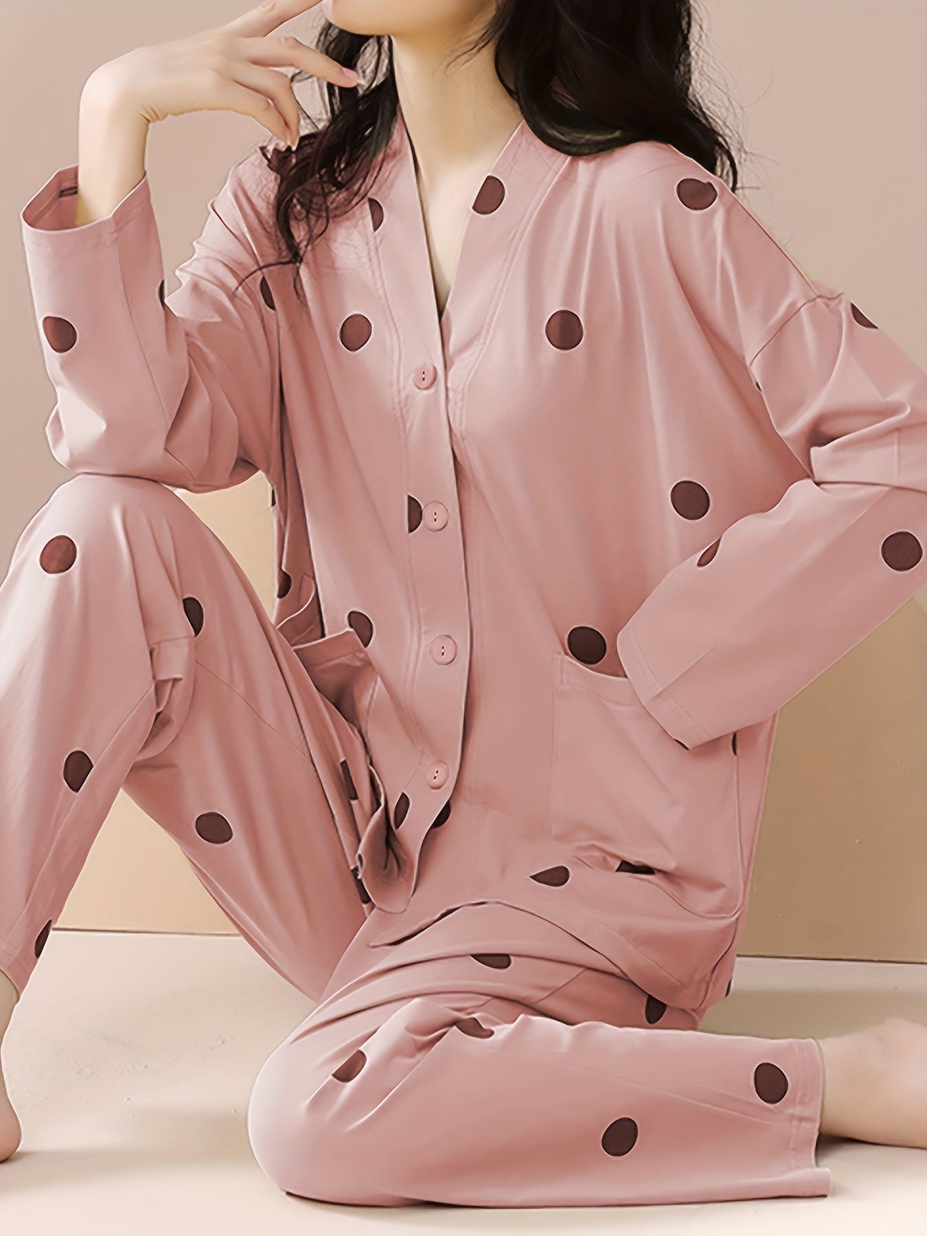 Polka Dot Print Pajama Set Long Sleeve Top & Pants Women's Sleepwear