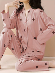 Polka Dot Print Pajama Set Long Sleeve Top & Pants Women's Sleepwear