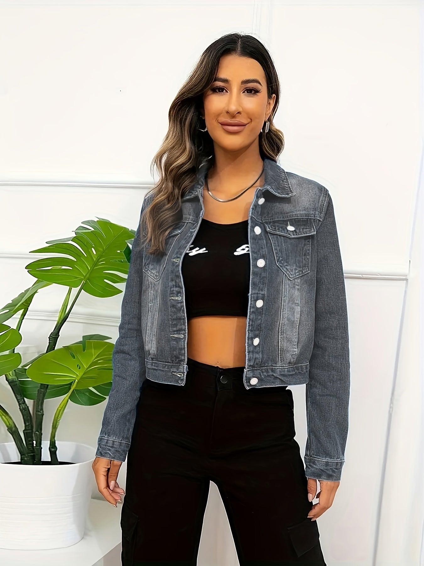 Dark Washed Crop Denim Jacket Long Sleeves