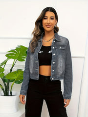 Dark Washed Crop Denim Jacket Long Sleeves
