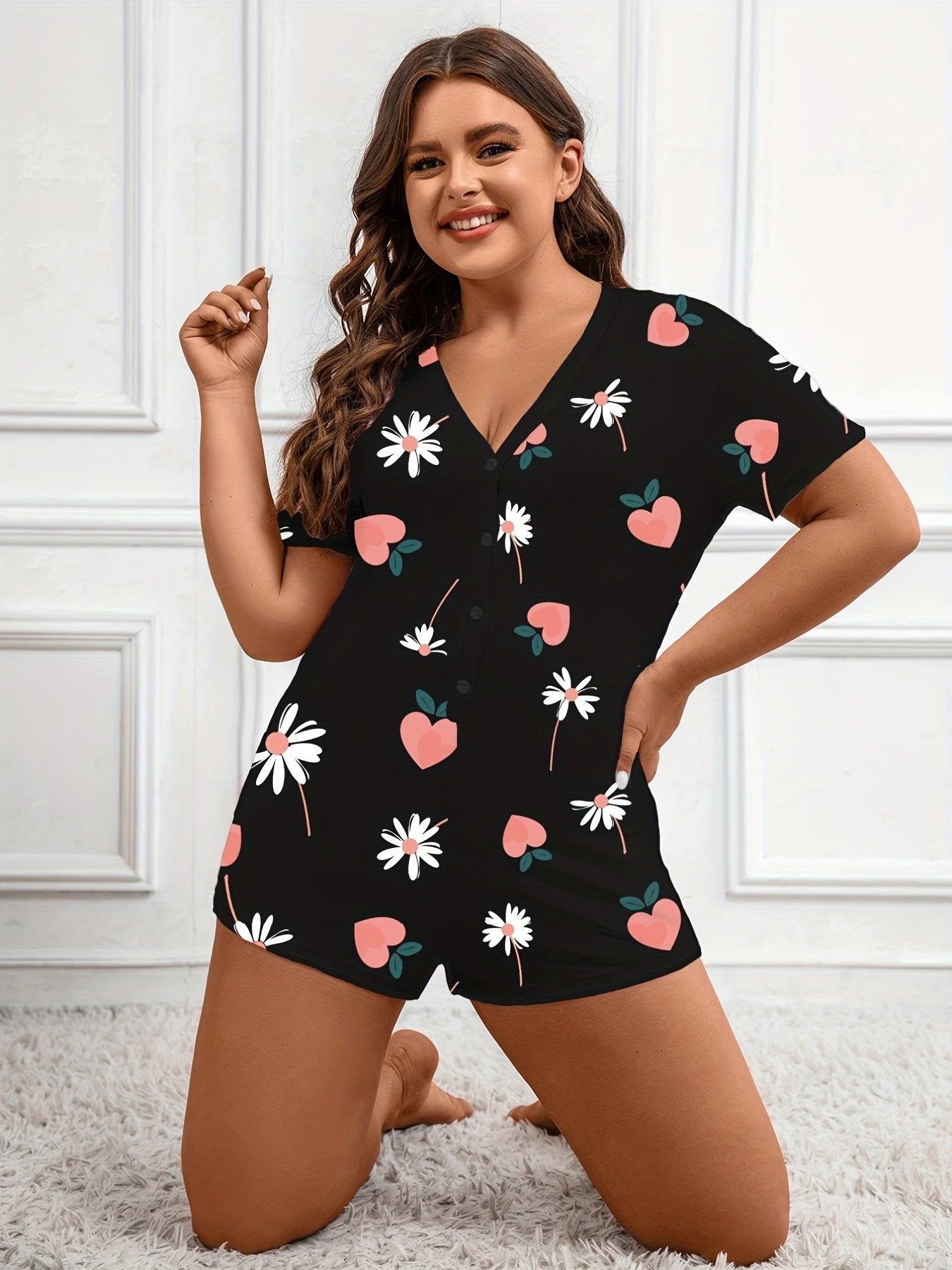 Daisy & Peach Print Button Up Romper