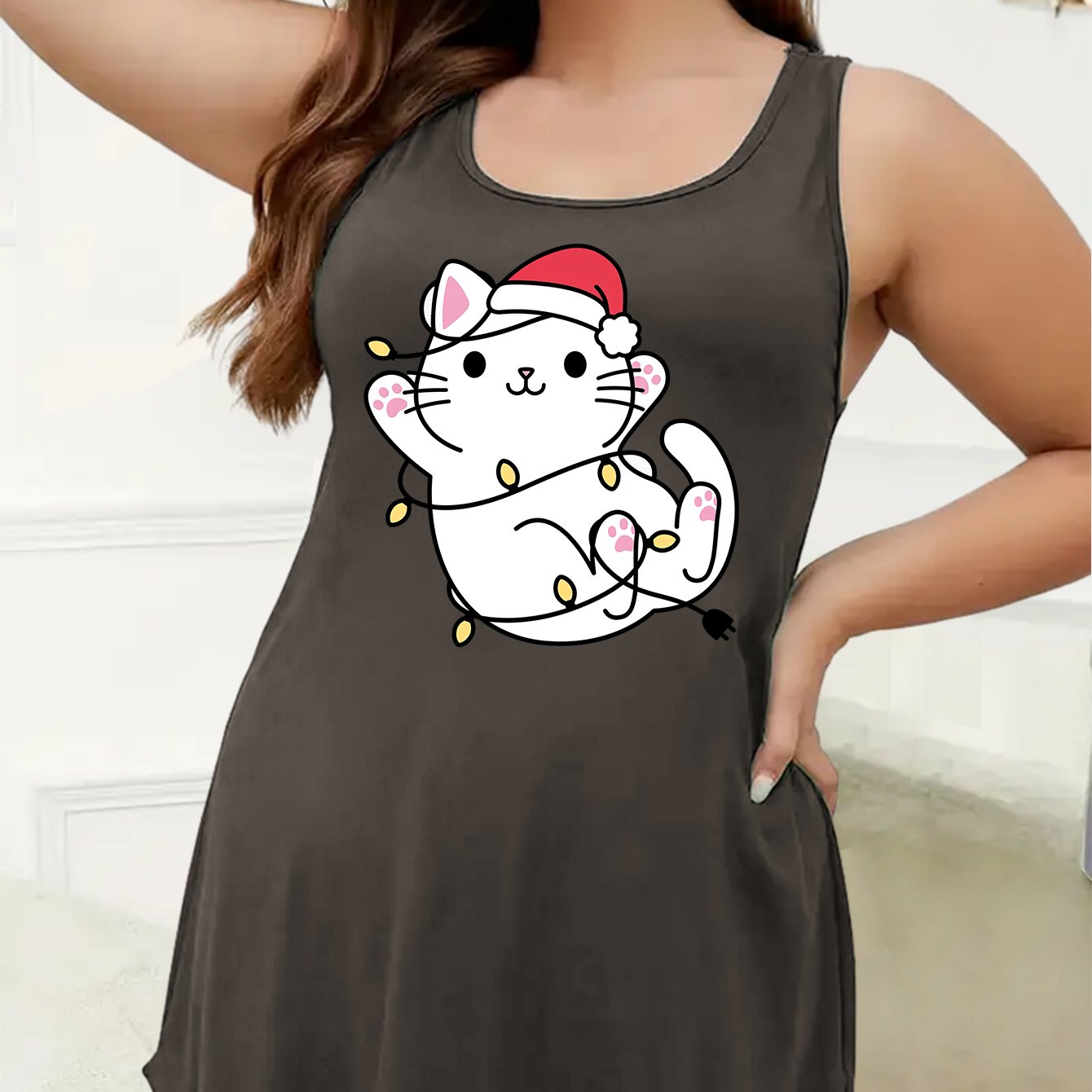 Christmas Nightdress Women's Plus Christmas Cat Print Racer Back Tank