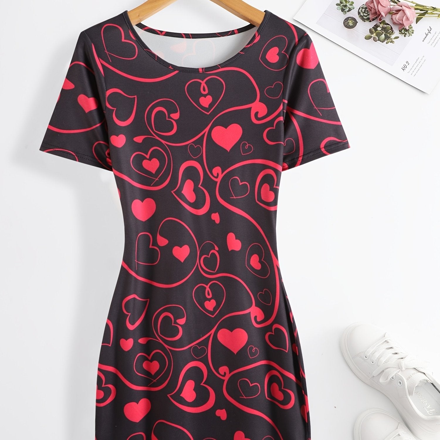 Heart Print Bodycon Dress Crew Neck Short Sleeve Women's Clothing