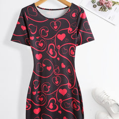 Heart Print Bodycon Dress Crew Neck Short Sleeve Women's Clothing