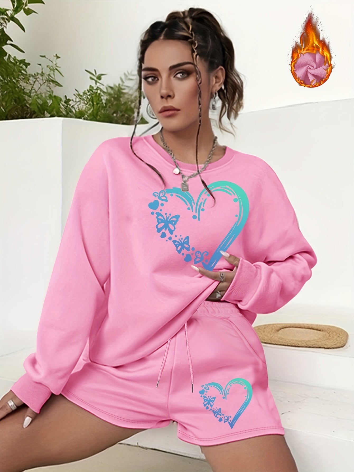 Heart & Butterfly Print Sweatshirt & Shorts 2 Piece Set