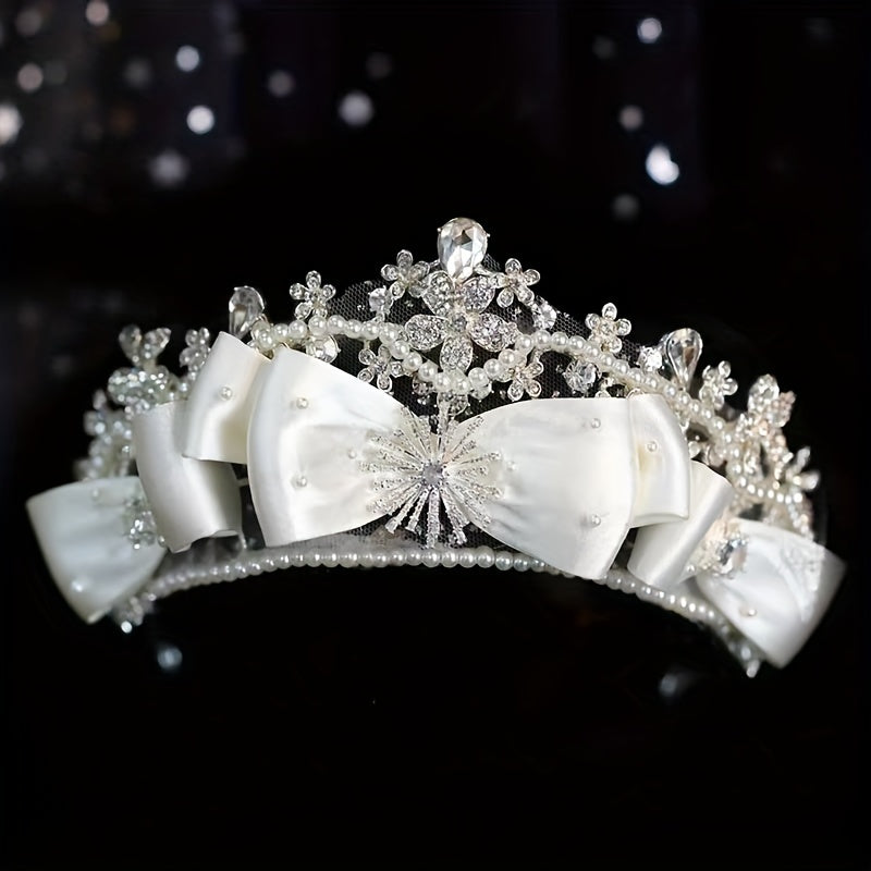 Bridal Rhinestone Pearl Headband Tiara Bow Wedding Hair Accessory