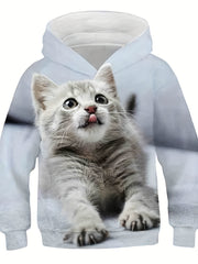 Girl's 3D Kitten Dinosaur Print Hoodie Casual Stretch Hooded Sweatshirt