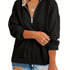 Waffle Zip Front Sweatshirt Casual Long Sleeve Sweatshirt For Spring & Fall